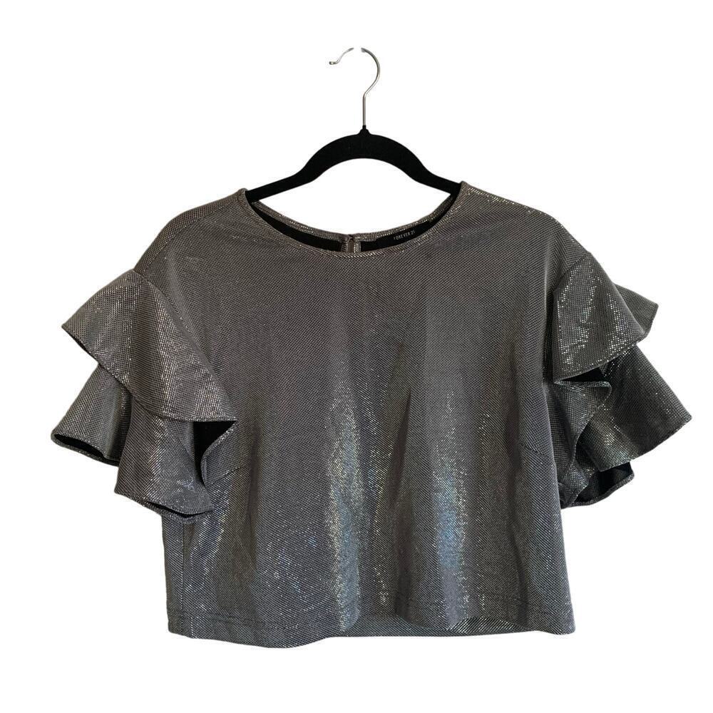 Metallic Silver Holiday Party Mesh Cropped Top Flutter Ruffle Sleeve Size M